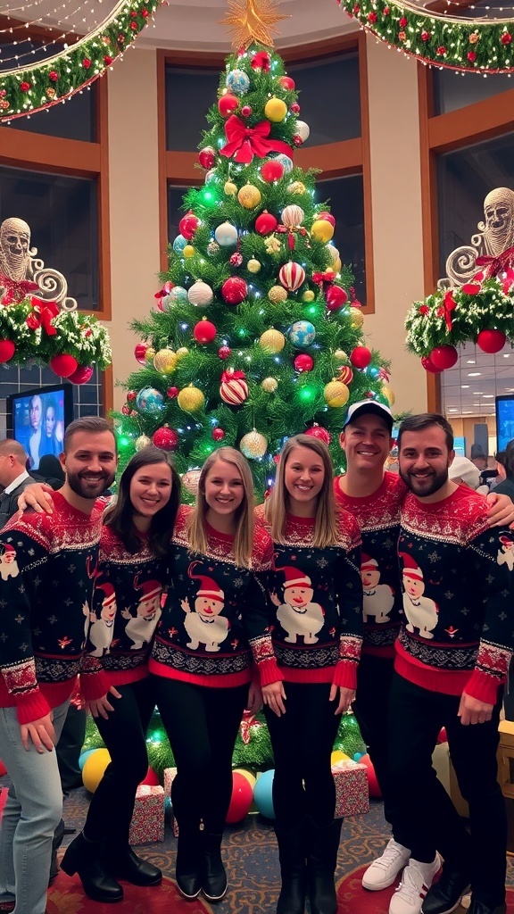 Friends in matching Christmas sweaters in front of a decorated tree, celebrating the holiday season.